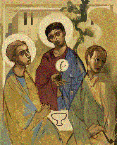 Orthodox-icon-style painting of three men, based off of Andrei Rublev's Trinity