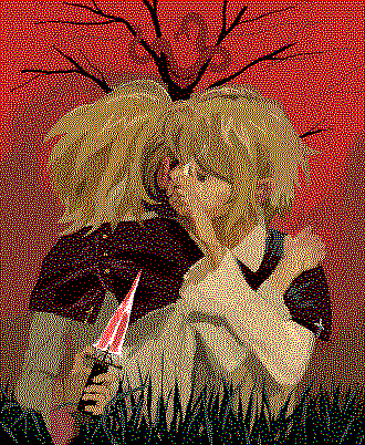 A pair of characters in an embrace against a red background