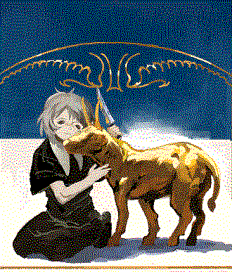 Priest character holding a knife and sitting beside a golden calf