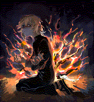 Priest character sitting in front of a burning bush, palms raised